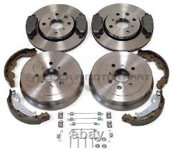 Front 2 Brake Discs And Pads + Rear 2 Drums Shoes + Fitting Kit For Toyota Aygo